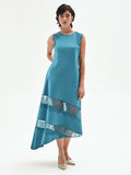 Abito longuette blu ottanio con inserti in pizzo