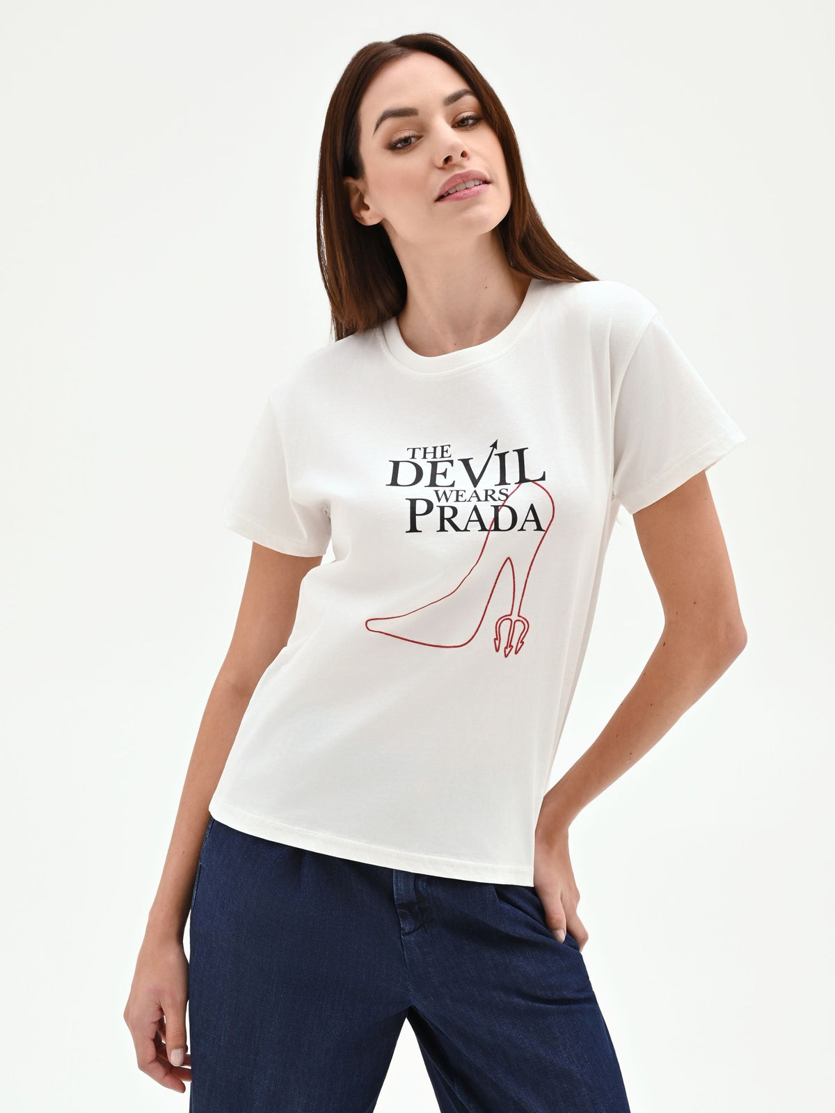 T-shirt bianca con stampa 'The Devil Wears Prada' in cotone