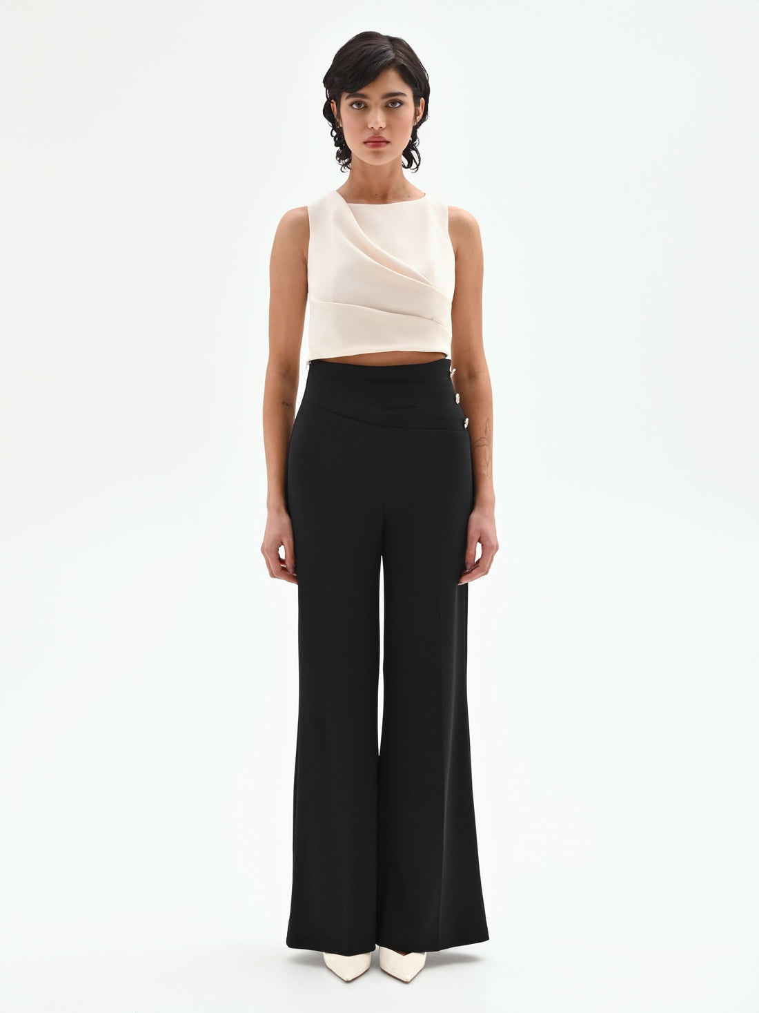 Pantalone Palazzo Vita Alta Nero con Bottoni