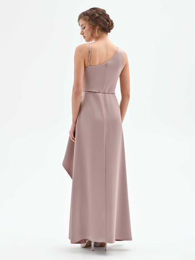 Abito lungo atelier rosa blush con drappeggio