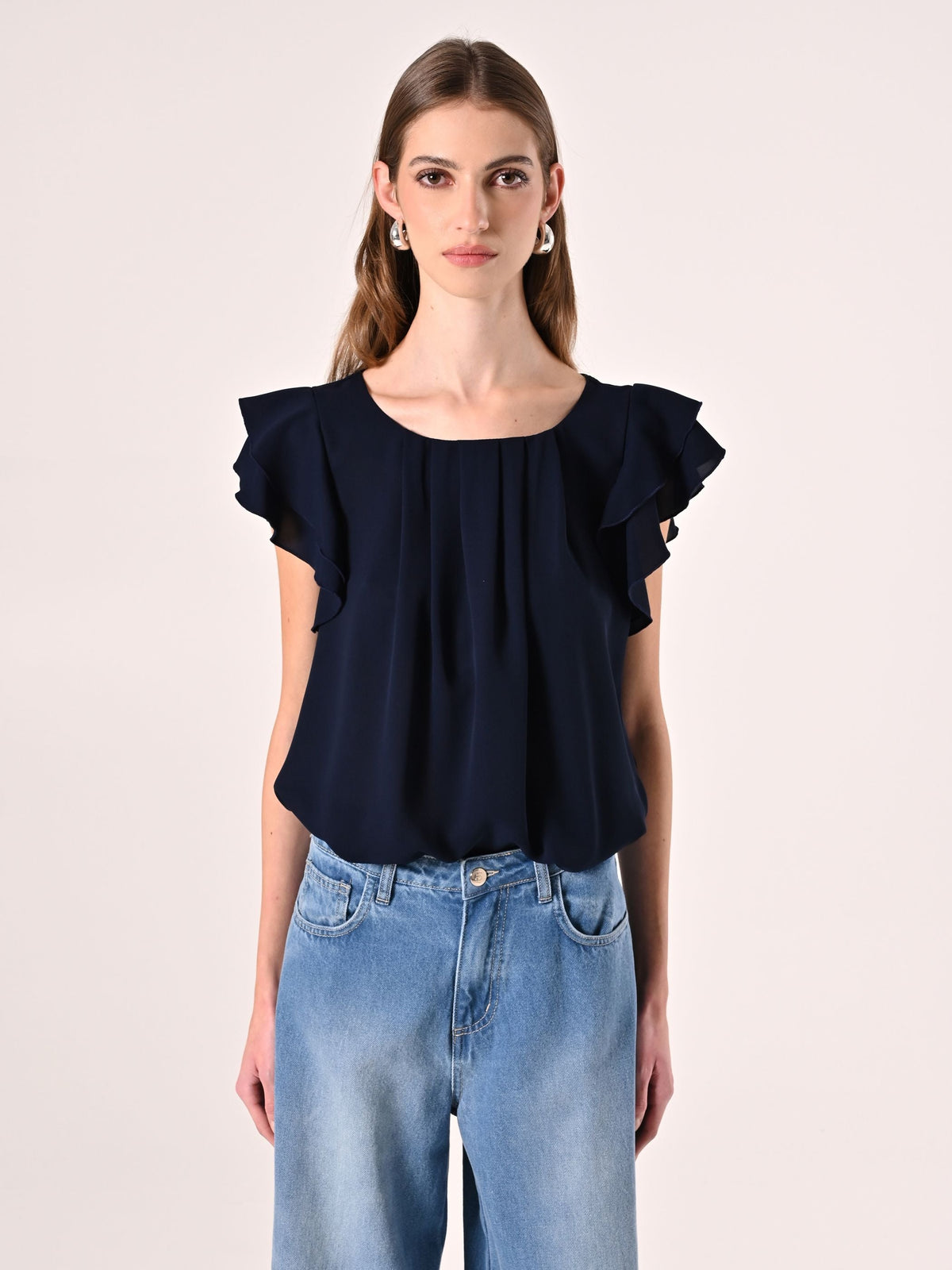 Blusa con Maniche ad Aletta Blu Navy