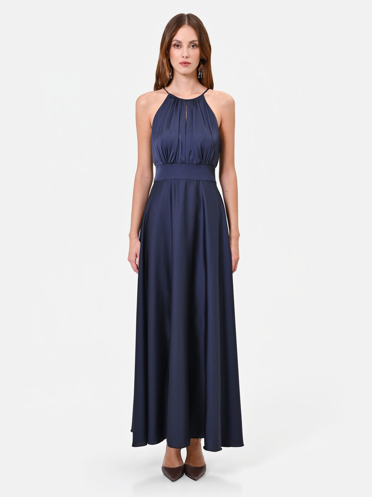 Abito lungo blu navy con scollo all'americana