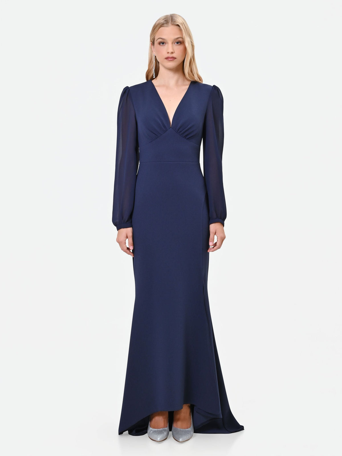 Abito lungo blu navy in scuba mano crèpe