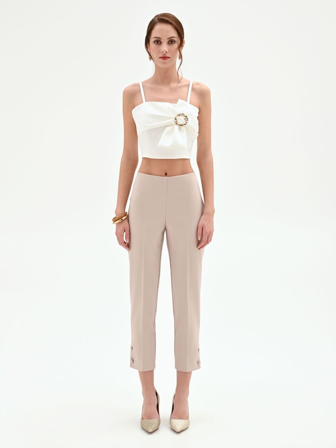 Pantalone cropped tortora beige con bottoni al fondo