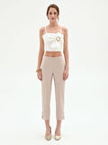 Pantalone cropped tortora beige con bottoni al fondo