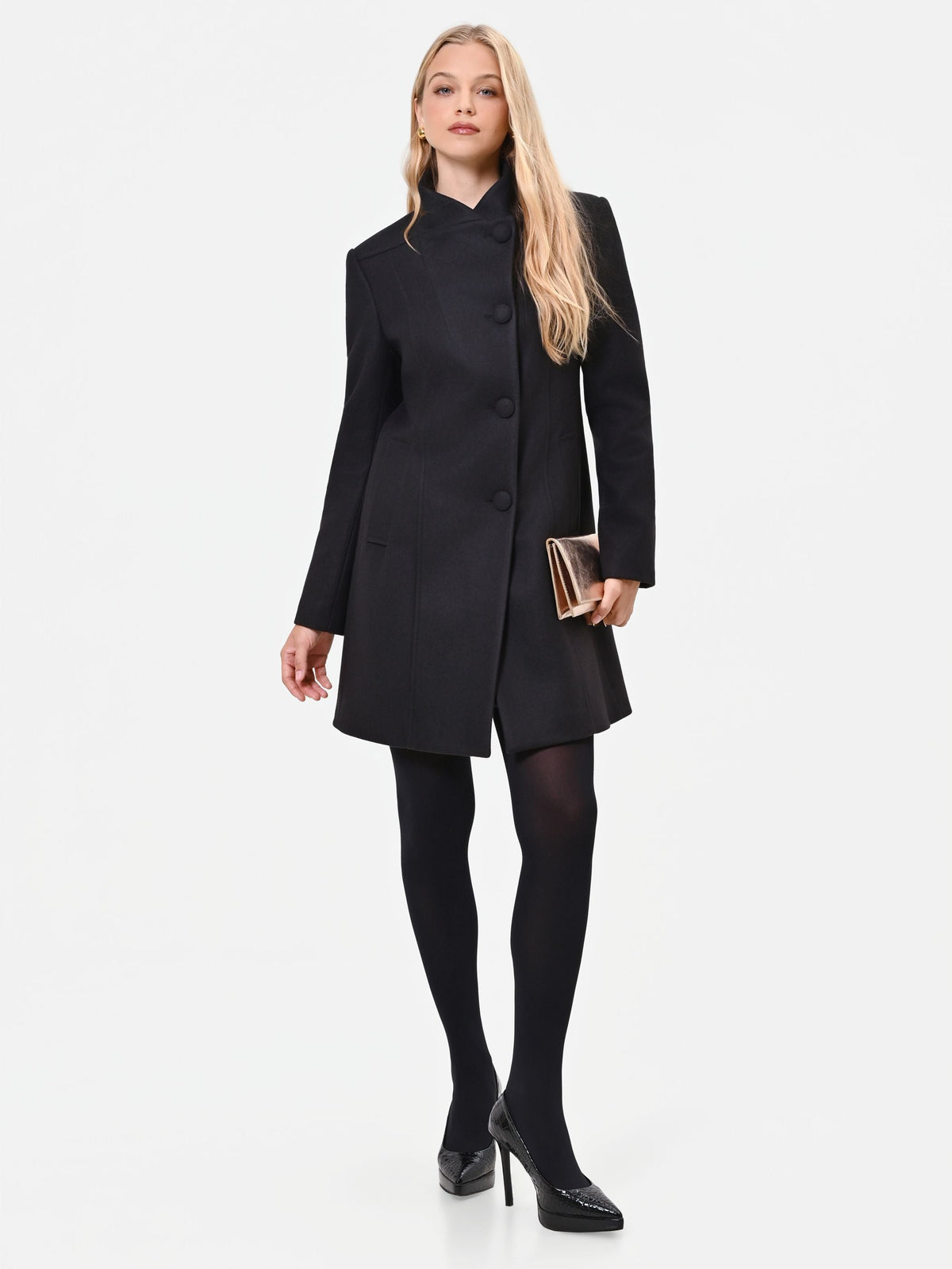 Cappotto in velour nero con collo in piedi