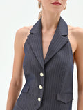 Gilet gessato blu con scollo all'americana