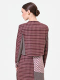 Giacca rosso bordeaux con design patchwork e fiocco