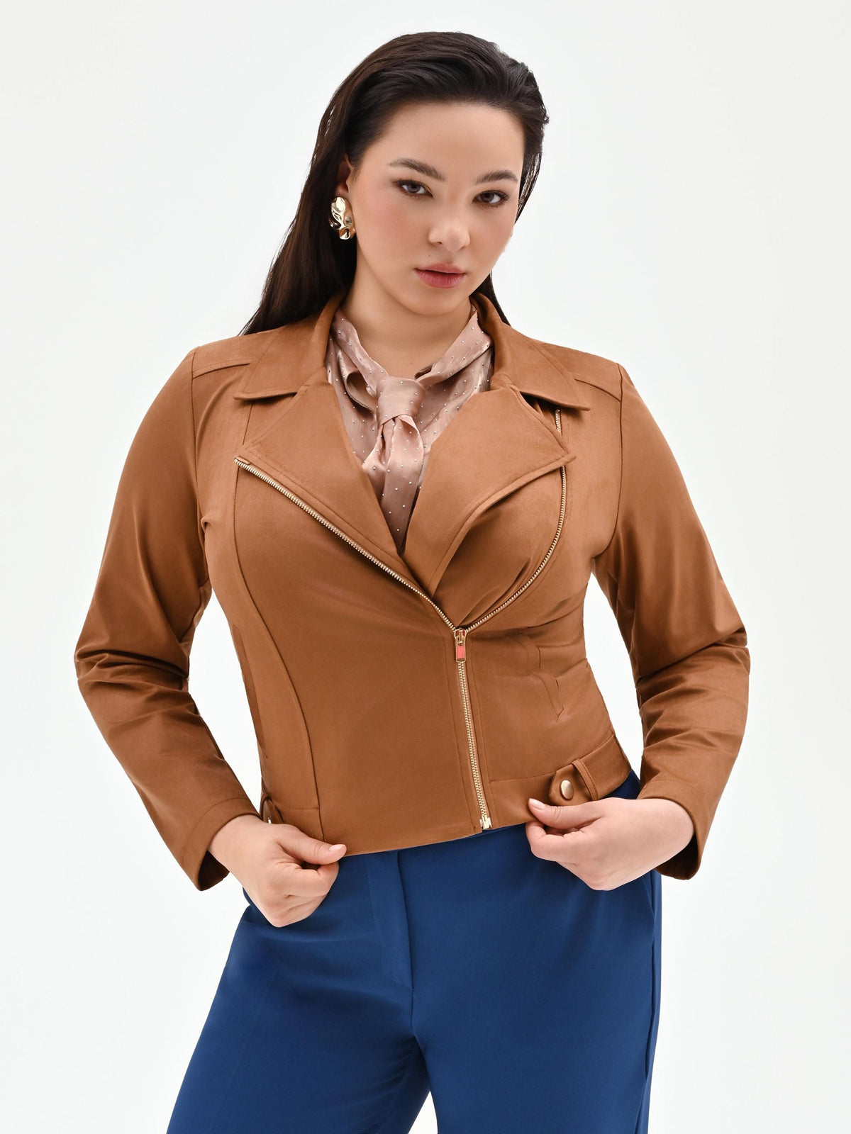 Giubbotto Curvy cammello effetto scamosciato
