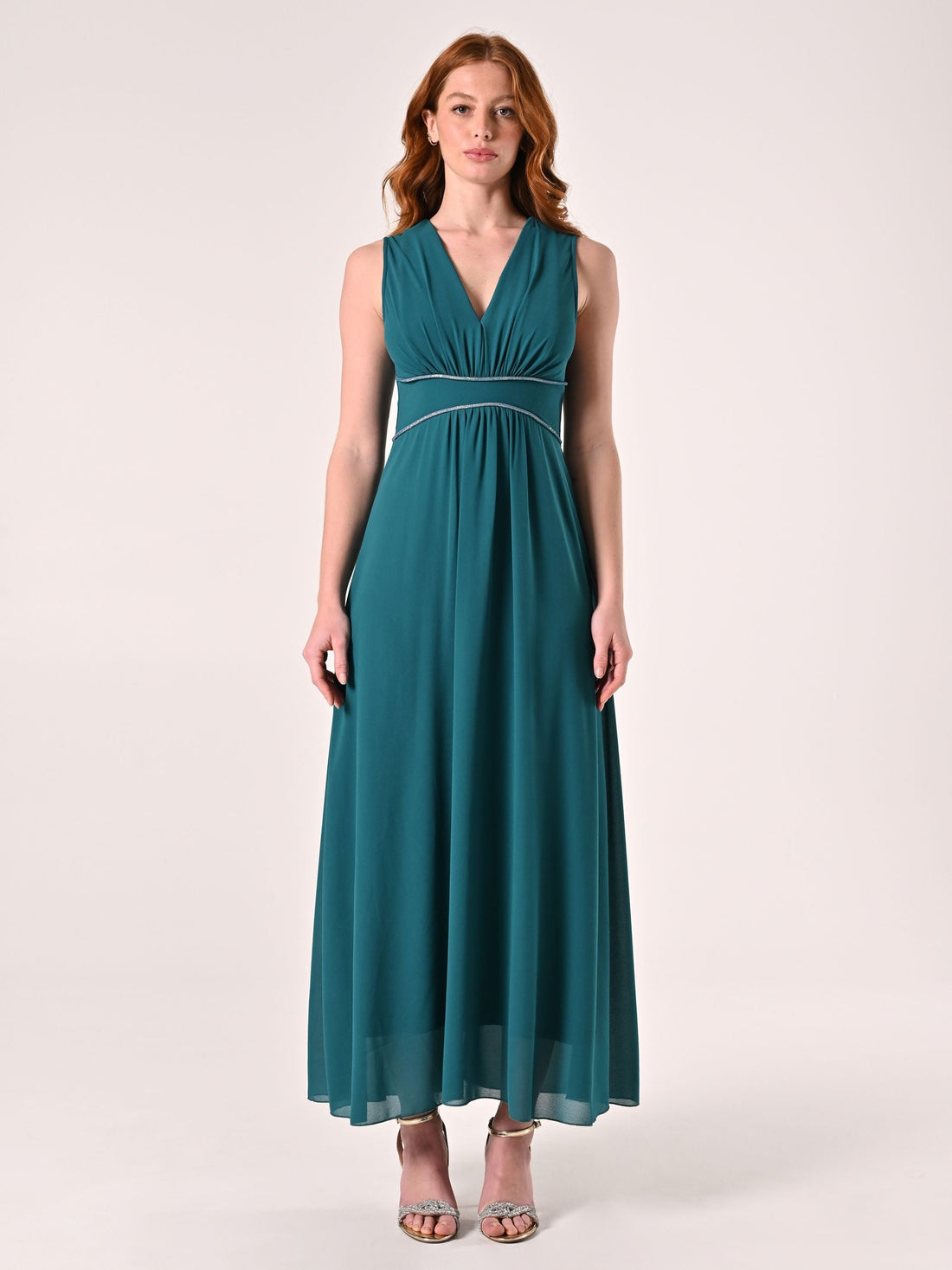 Abito Verde Reale Lungo con Piping Strass