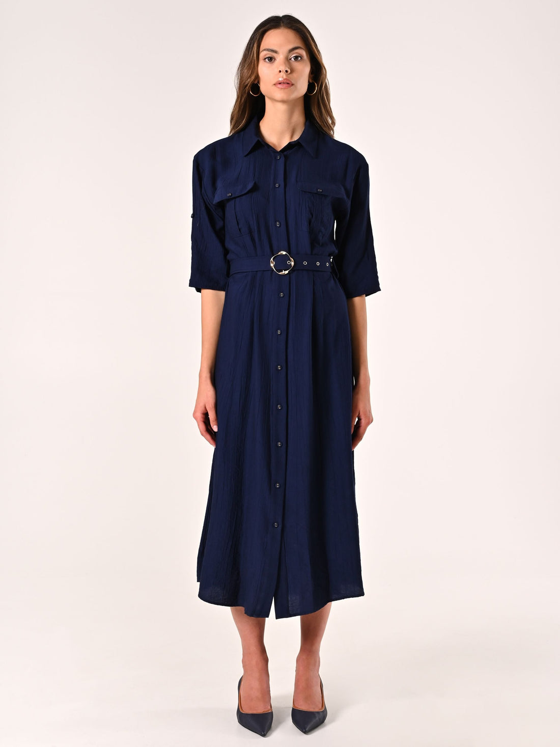 Chemisier Blu Navy in Misto Viscosa effetto Crinkle