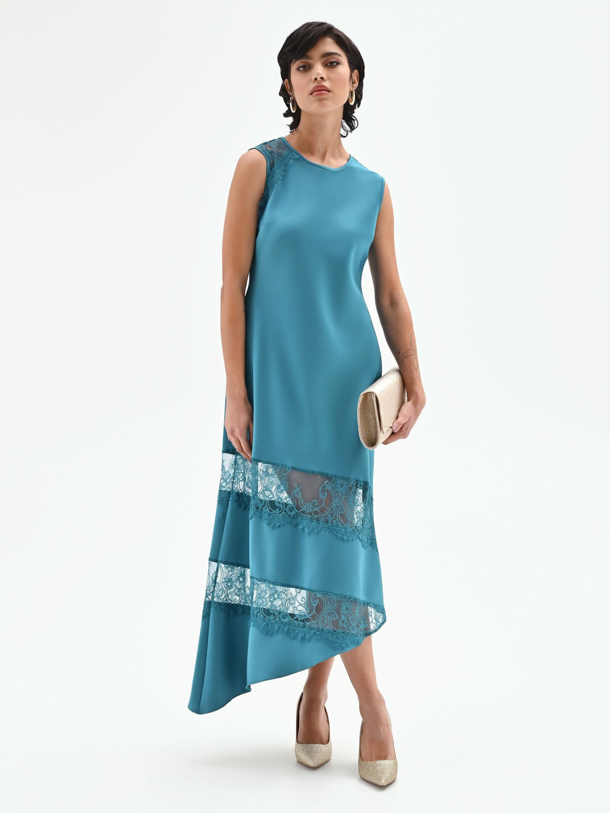 Abito longuette blu ottanio con inserti in pizzo