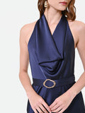 Abito lungo blu navy con scollo all'americana drappeggiato