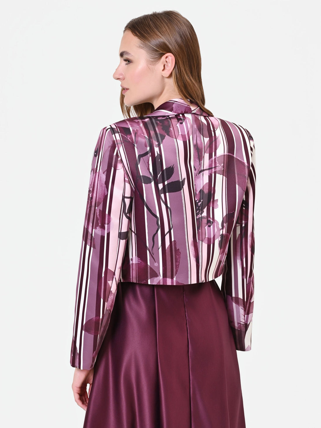 Giacca in raso stampa floreale rosso bordeaux