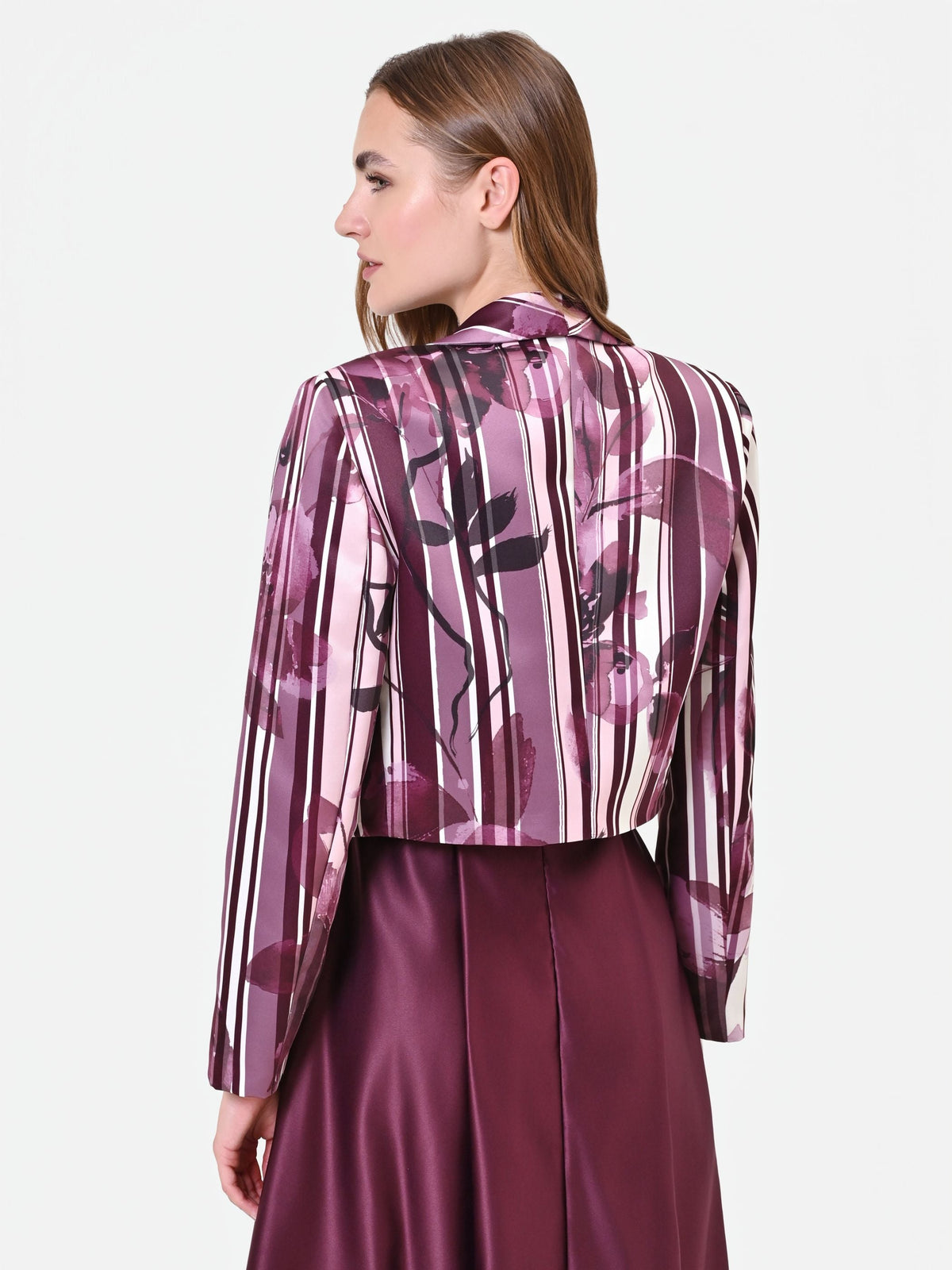 Giacca in raso stampa floreale rosso bordeaux