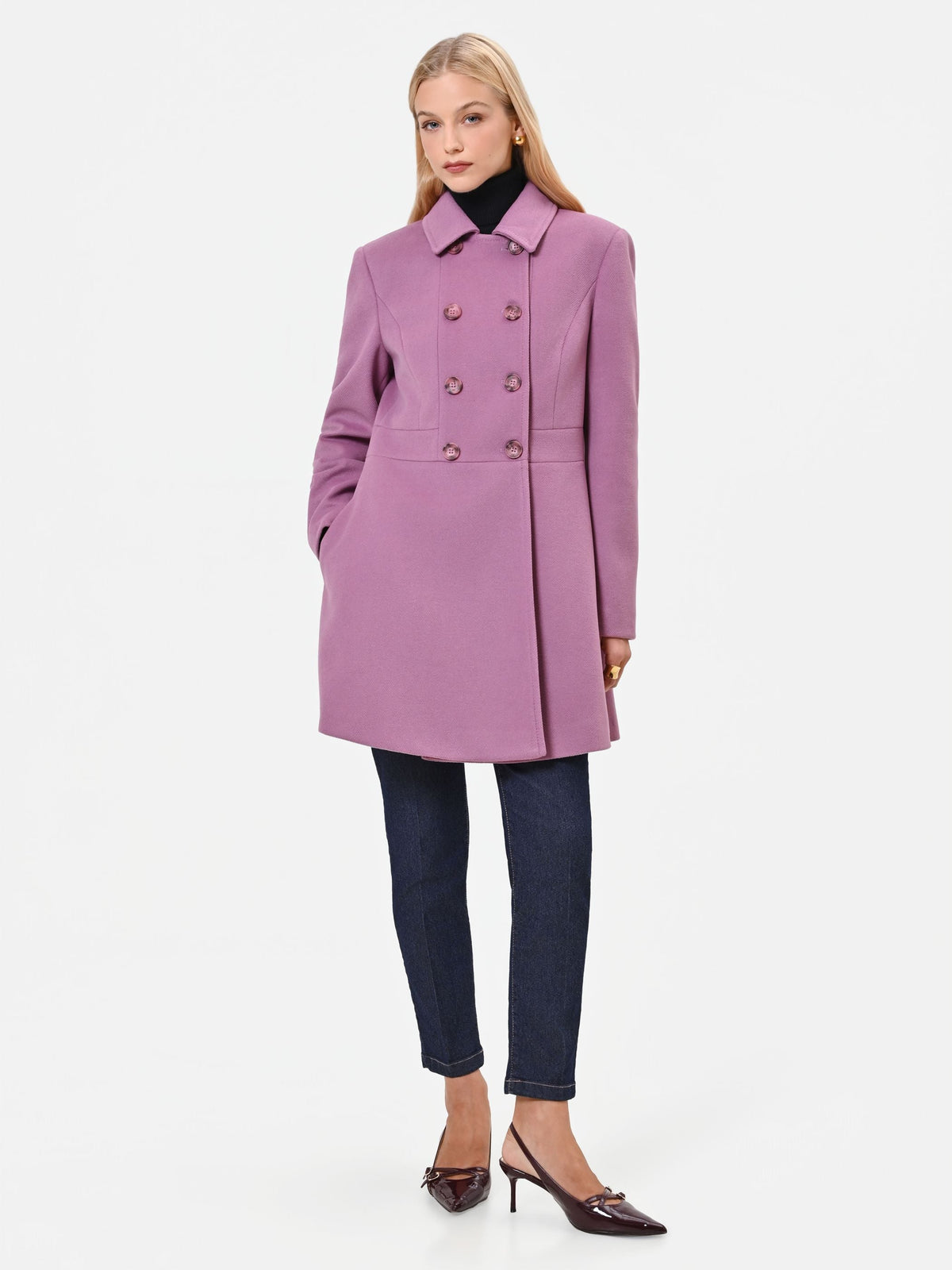 Cappotto doppiopetto a corolla rosa antico