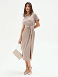 Abito in raso tortora beige con nodo laterale