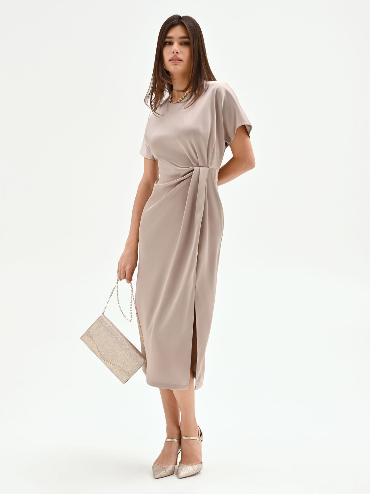 Abito in raso tortora beige con nodo laterale