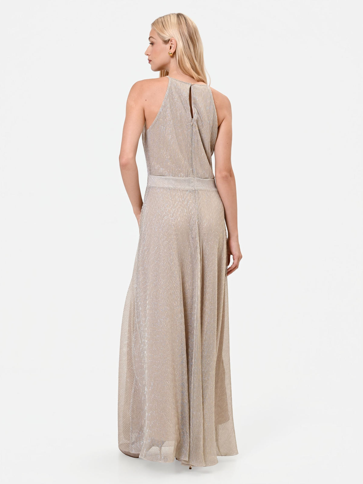 Abito lungo oro in georgette con scollo halter