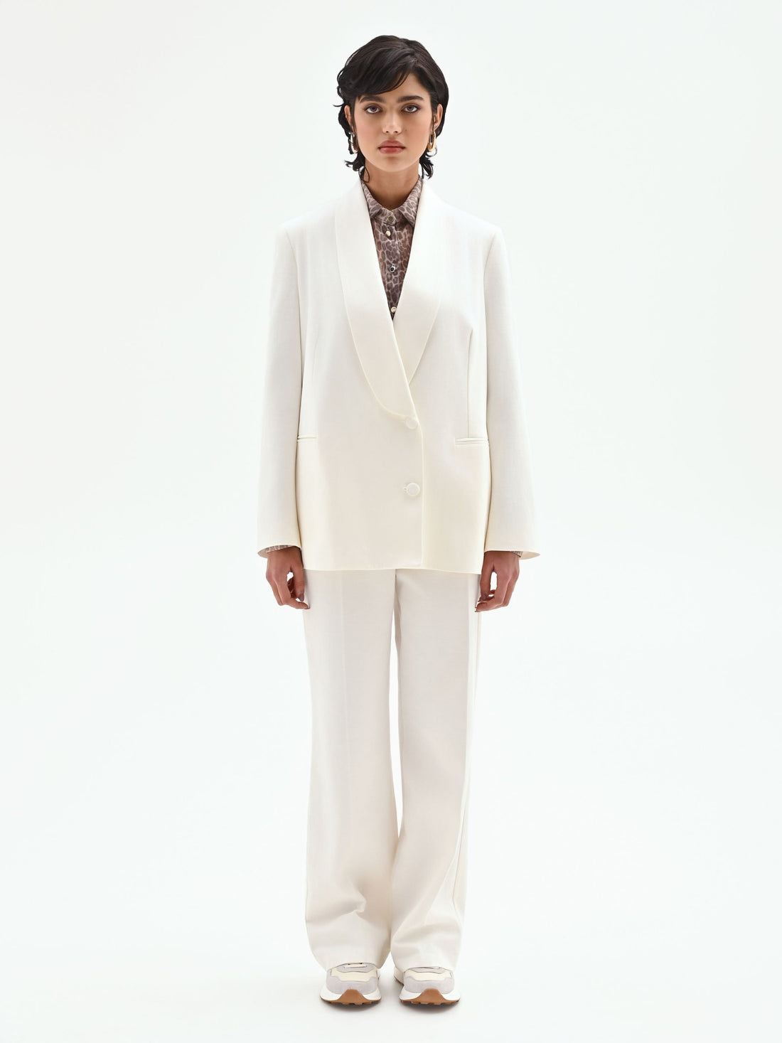 Giacca blazer doppiopetto in misto cotone lyocell bianco