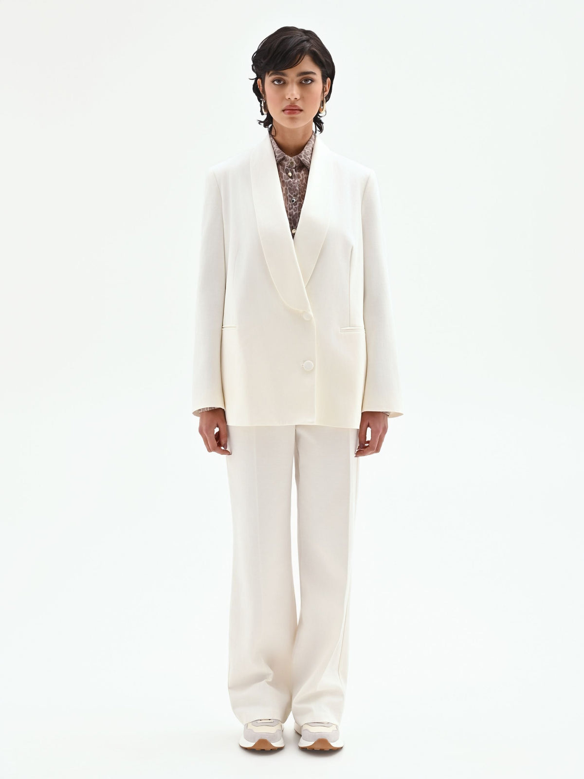 Giacca blazer doppiopetto in misto cotone lyocell bianco