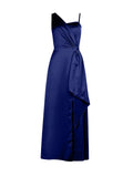 Abito atelier lungo blu indaco con nodo drappeggiato