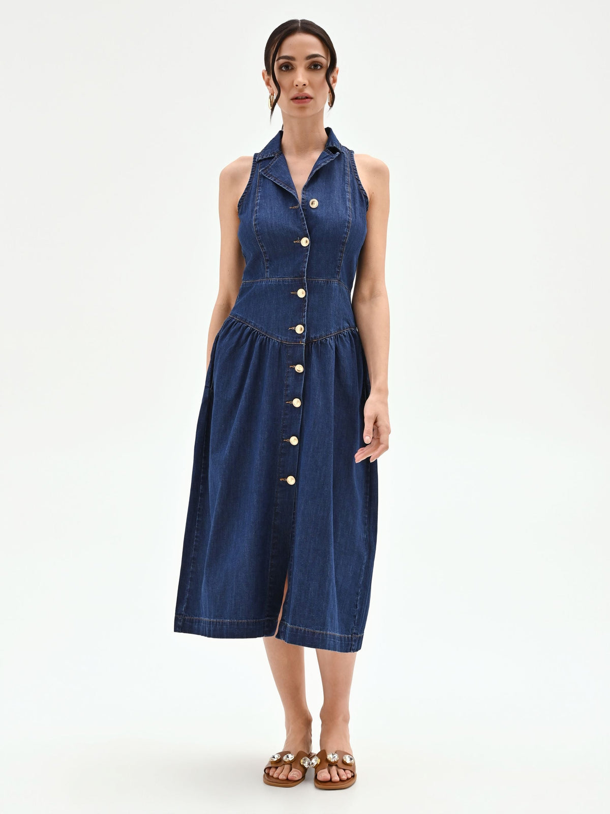 Abito chemisier blu in denim smanicato