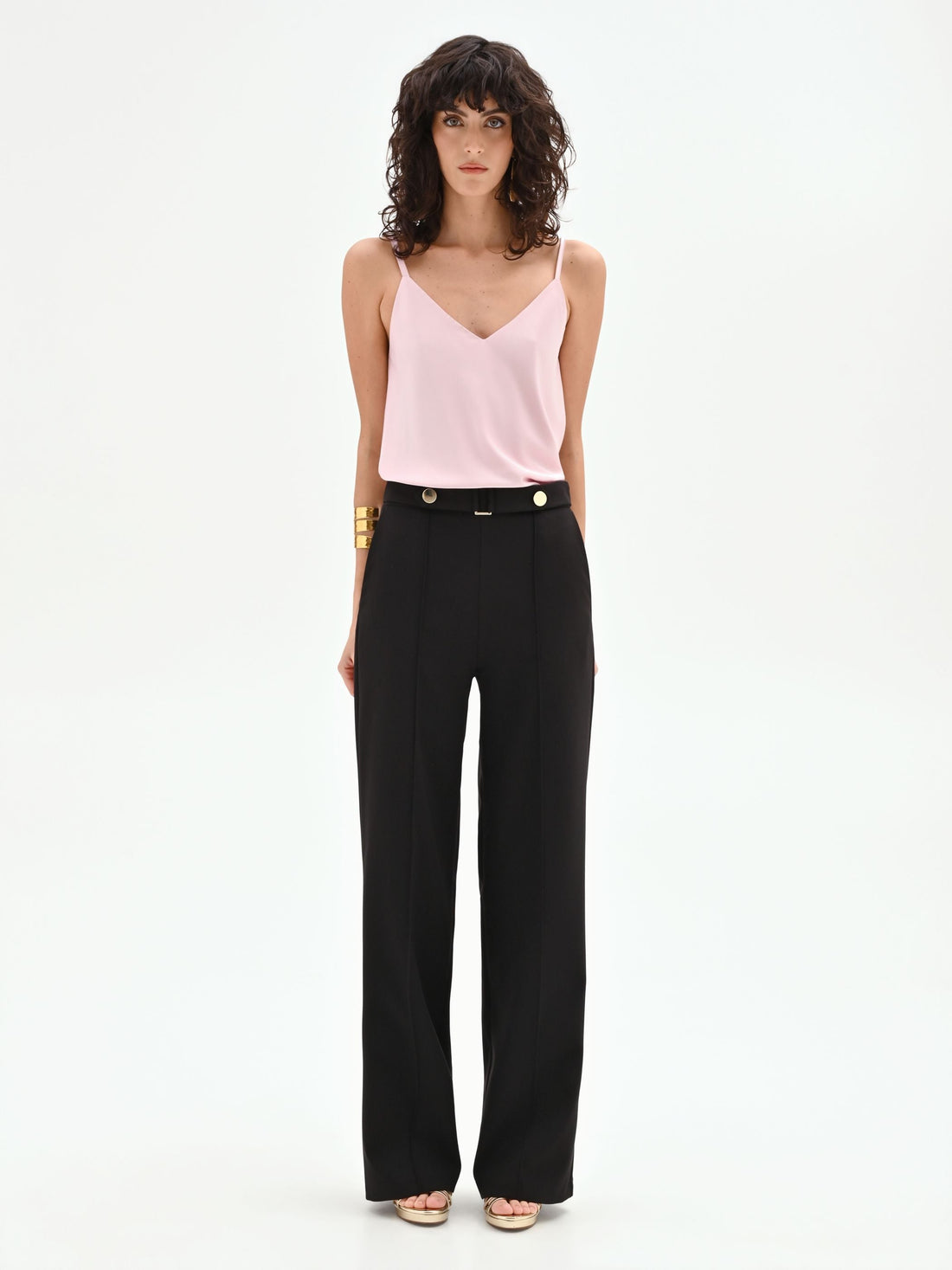 Pantalone nero a gamba dritta con bottoni gioiello