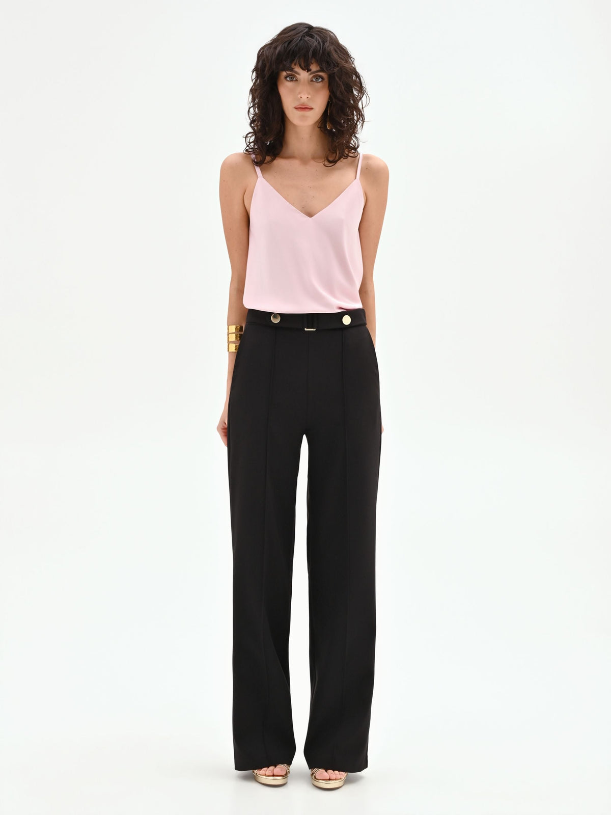 Pantalone nero a gamba dritta con bottoni gioiello