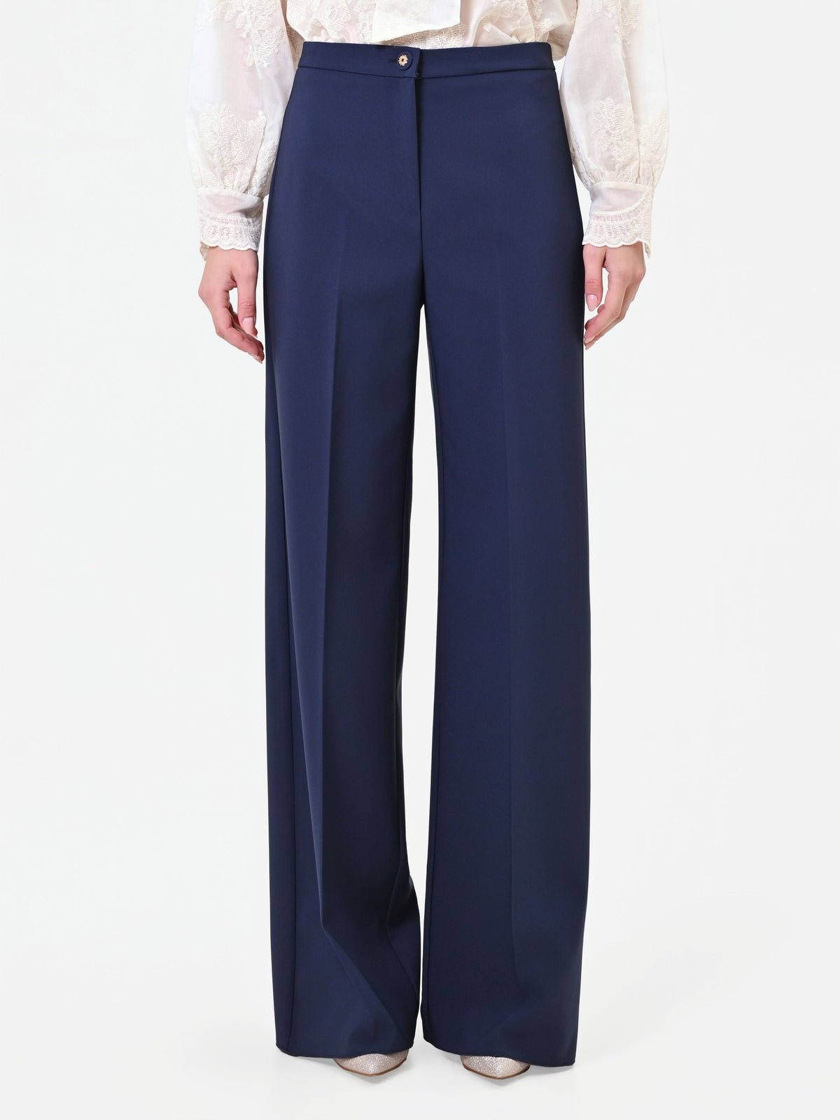 Pantalone a palazzo blu navy con piega stirata