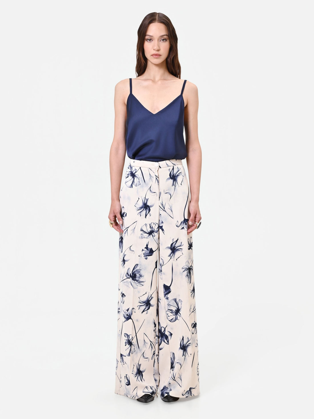 Pantalone a palazzo stampa floreale blu navy