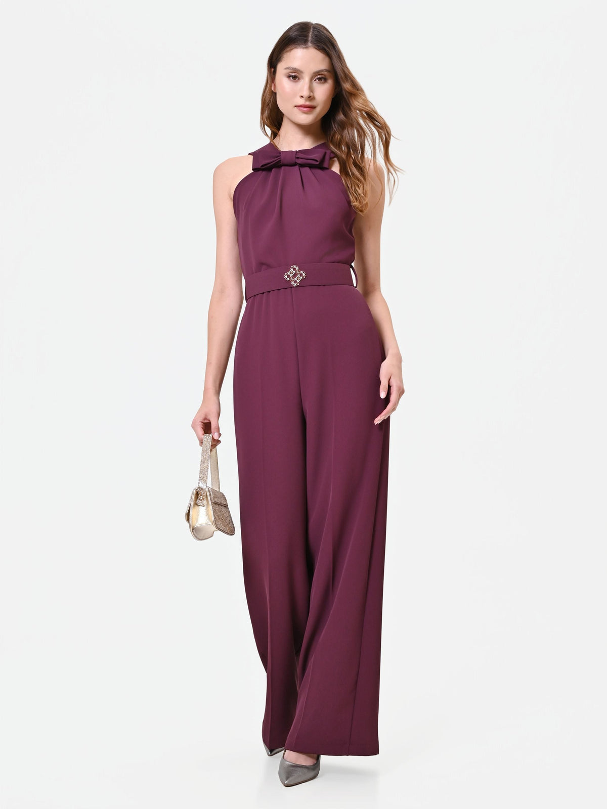 Tuta bordeaux con maxi fiocco al collo