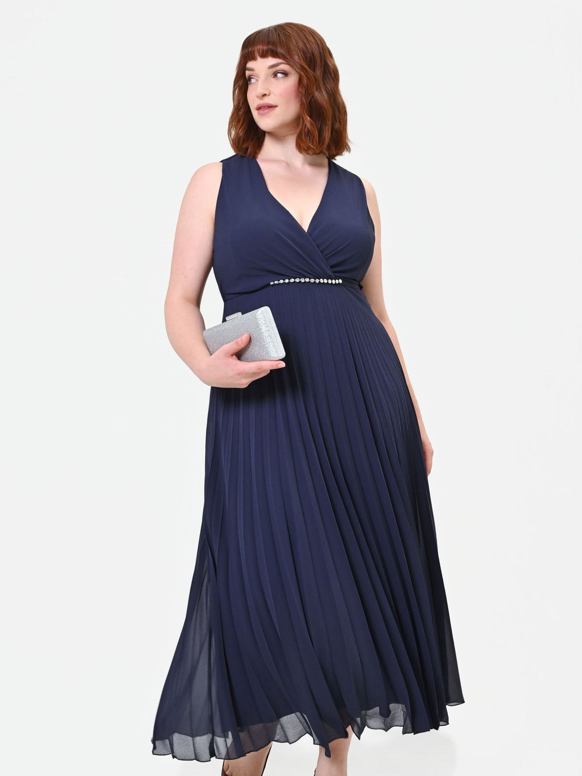 Abito Curvy plissé blu navy con scollo incrociato