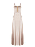 Abito lungo tortora beige con scollo a cuore