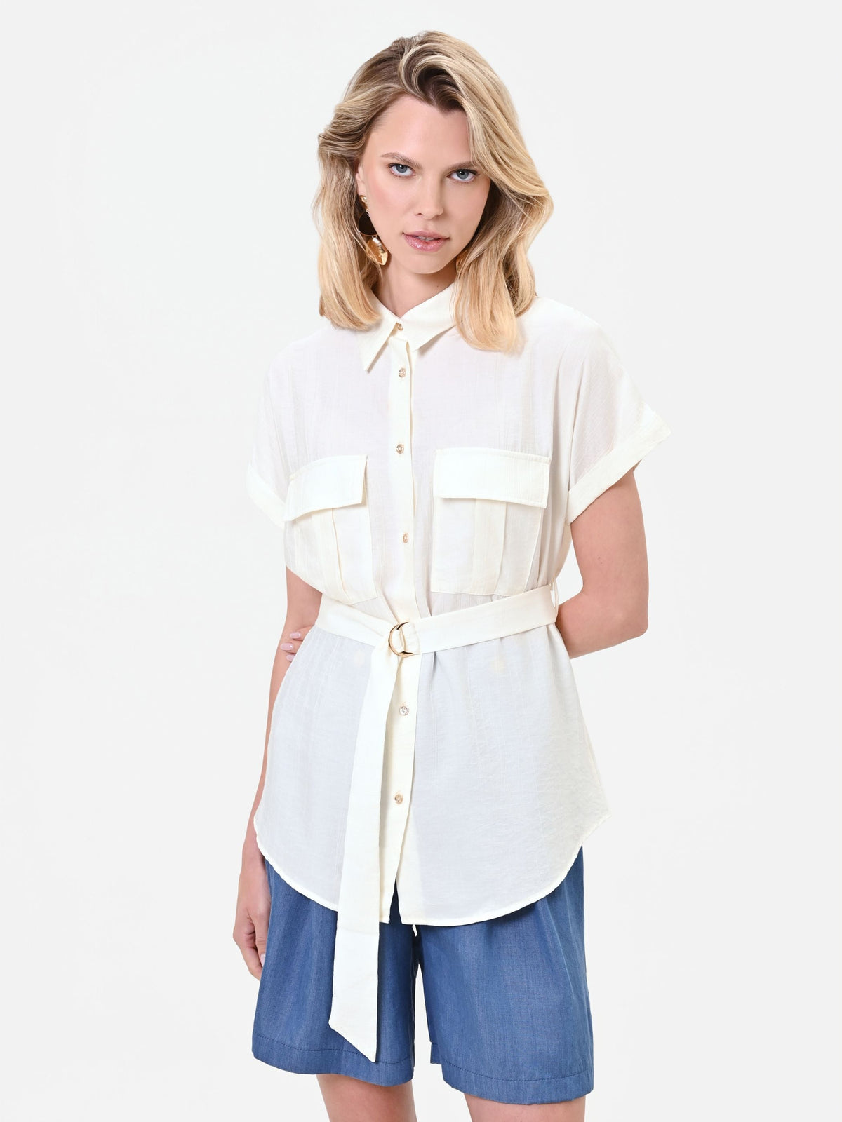 Camicia utility a maniche corte bianco panna