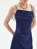 Abito atelier lungo blu indaco con corpetto drappeggiato