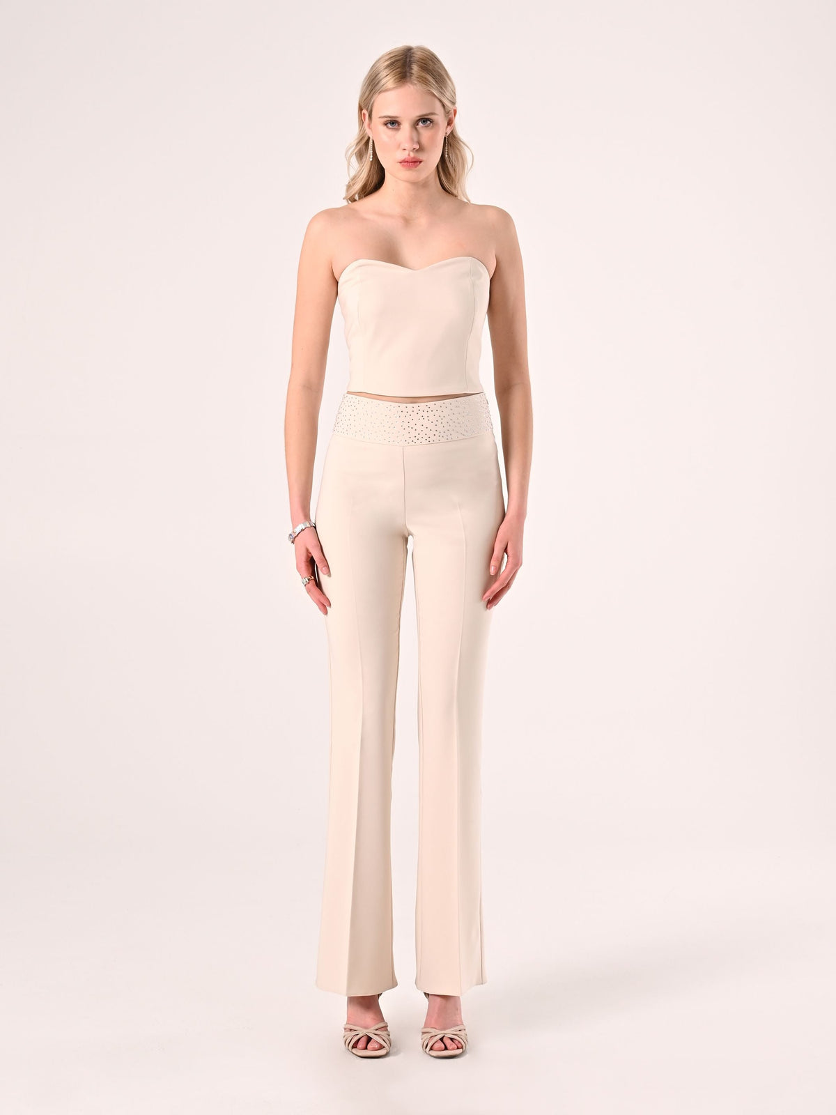 Pantaloni Beige con Strass