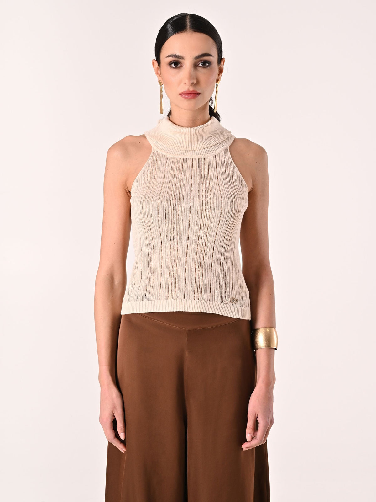 Top Beige Chiaro in Maglia Traforata