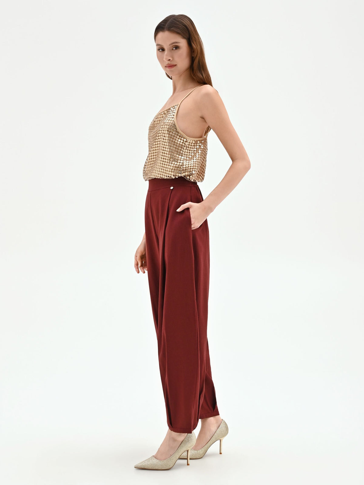 Pantalone bordeaux a palloncino in lino