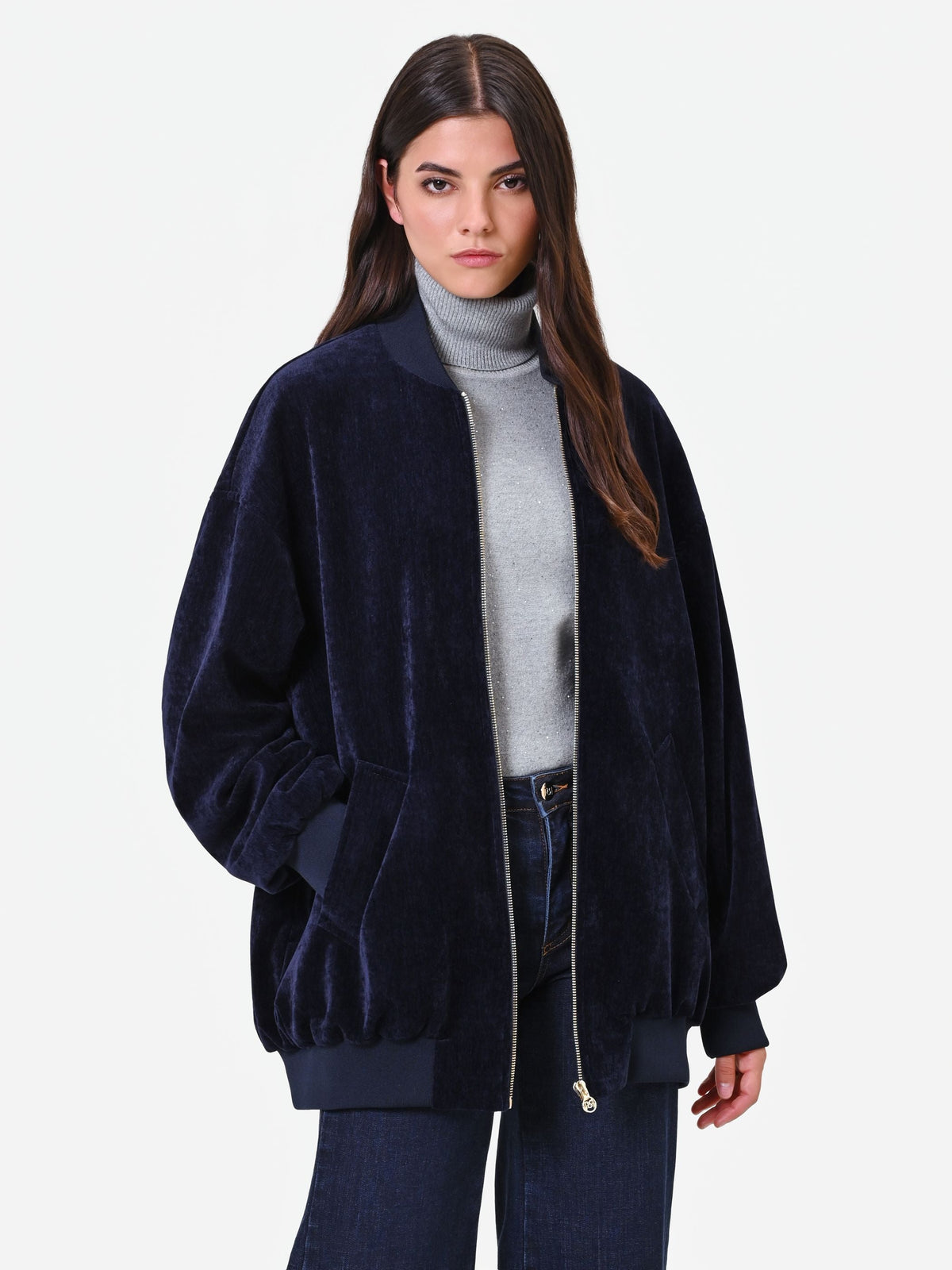 Bomber oversize in velluto blu navy Giorgia Palmas X Rinascimento