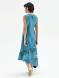 Abito longuette blu ottanio con inserti in pizzo