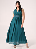 Abito Curvy Verde Reale Lungo con Piping Strass