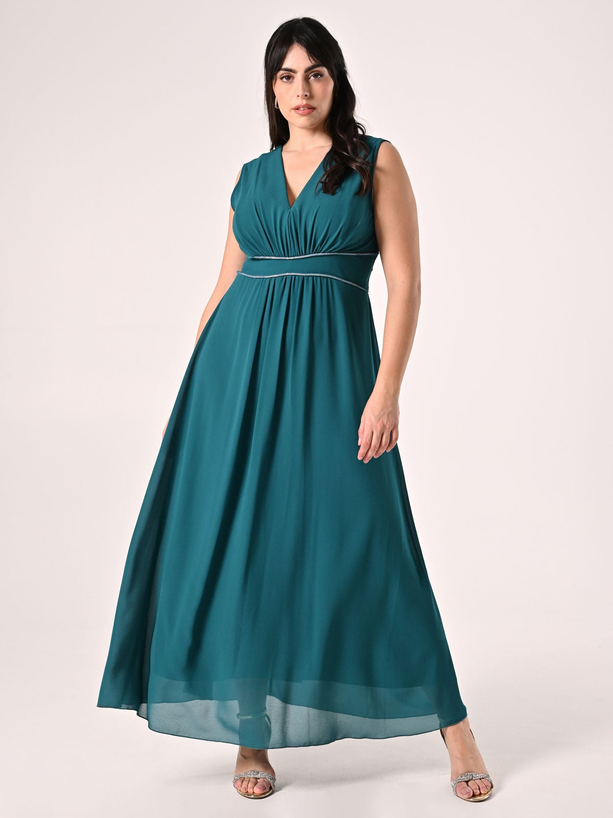 Abito Curvy Verde Reale Lungo con Piping Strass