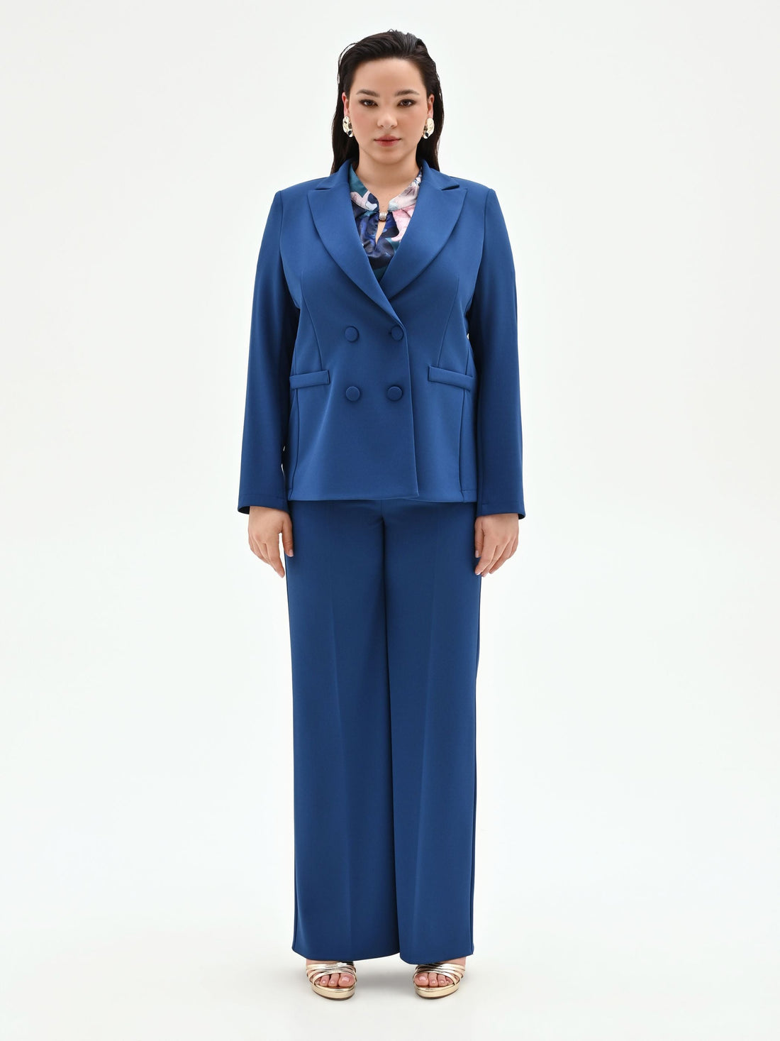 Giacca Curvy doppiopetto blu brillante in scuba mano crepe