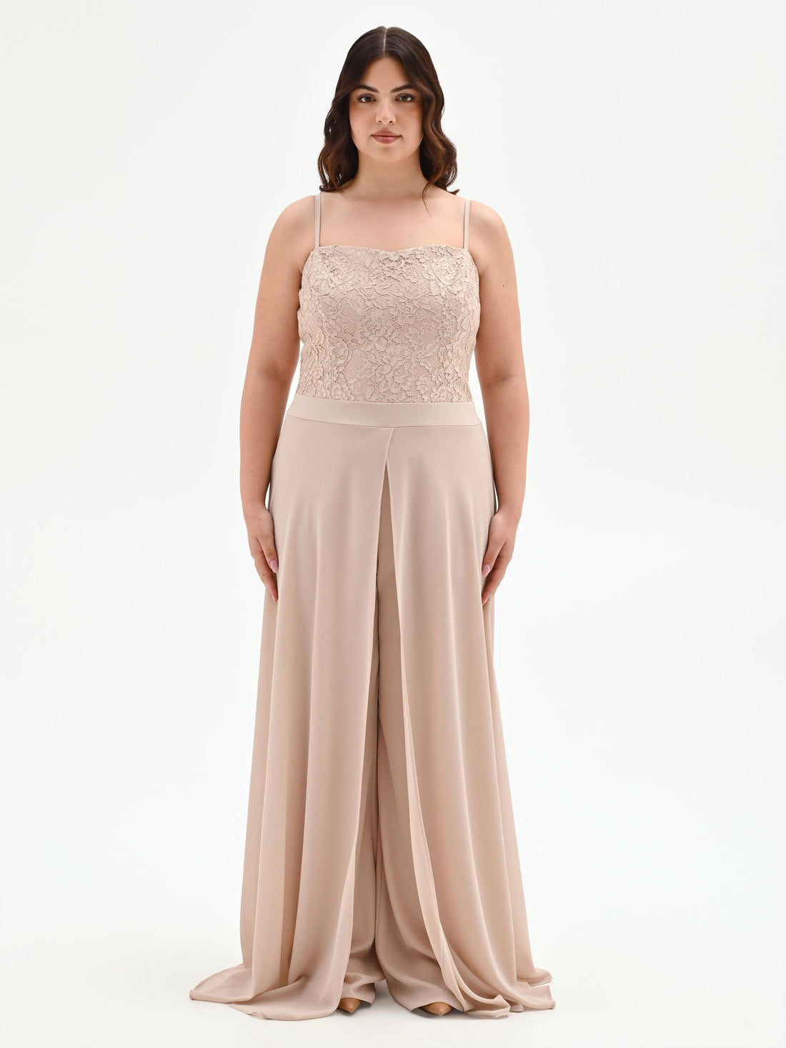 Tuta Curvy tortora beige con corpetto in pizzo