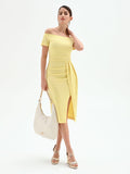 Abito tubino midi giallo chiaro off the shoulders