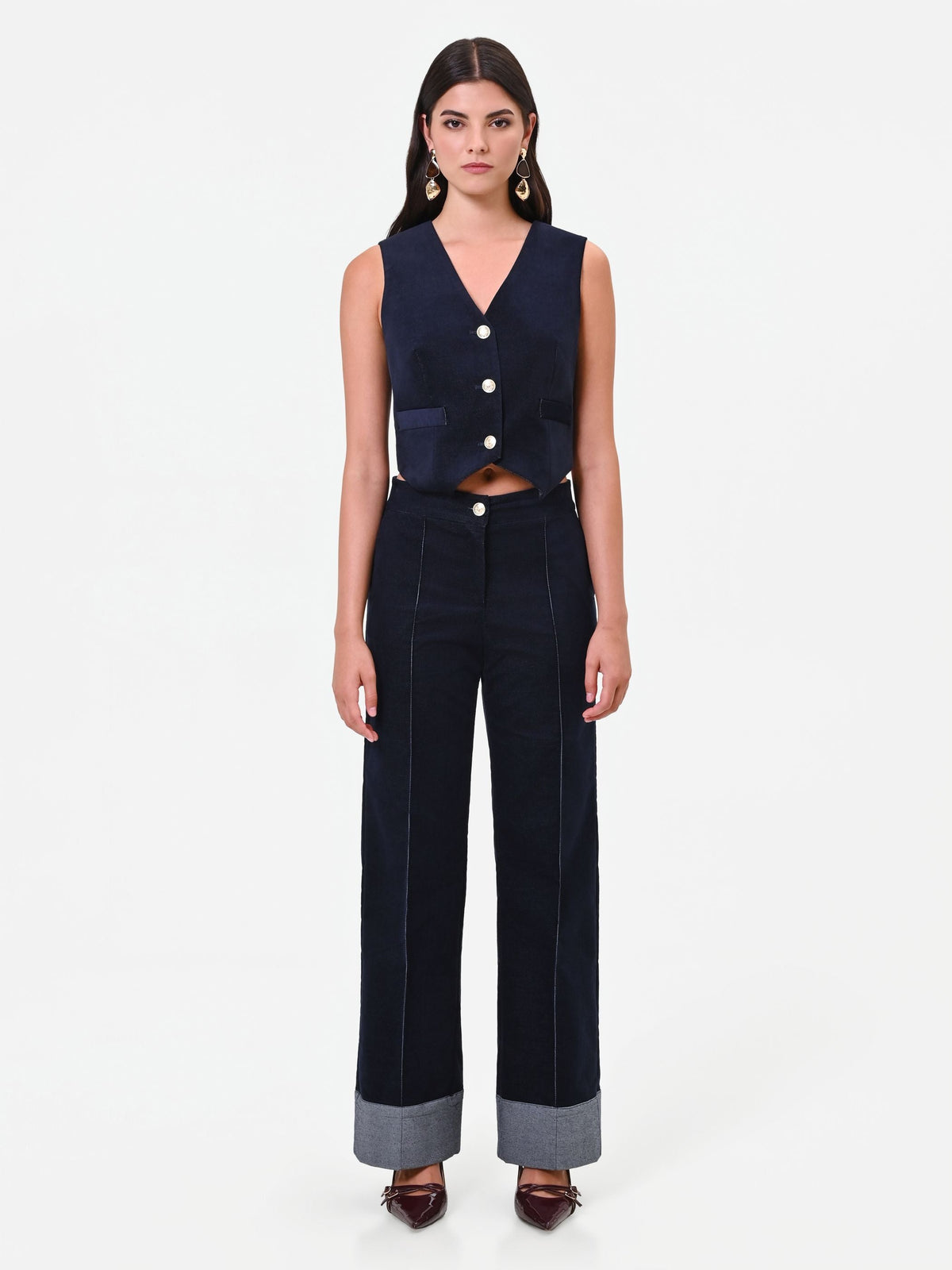 Pantalone blu navy in velluto con impunture a contrasto Giorgia Palmas X Rinascimento