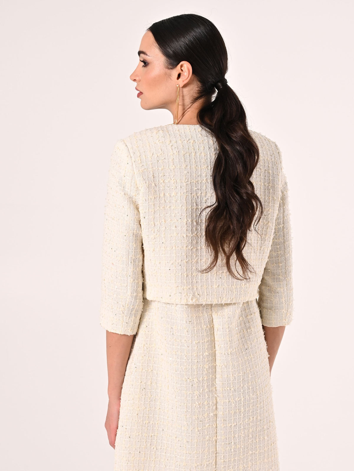 Giacca Beige Chiaro in Tweed con Micro Paillettes