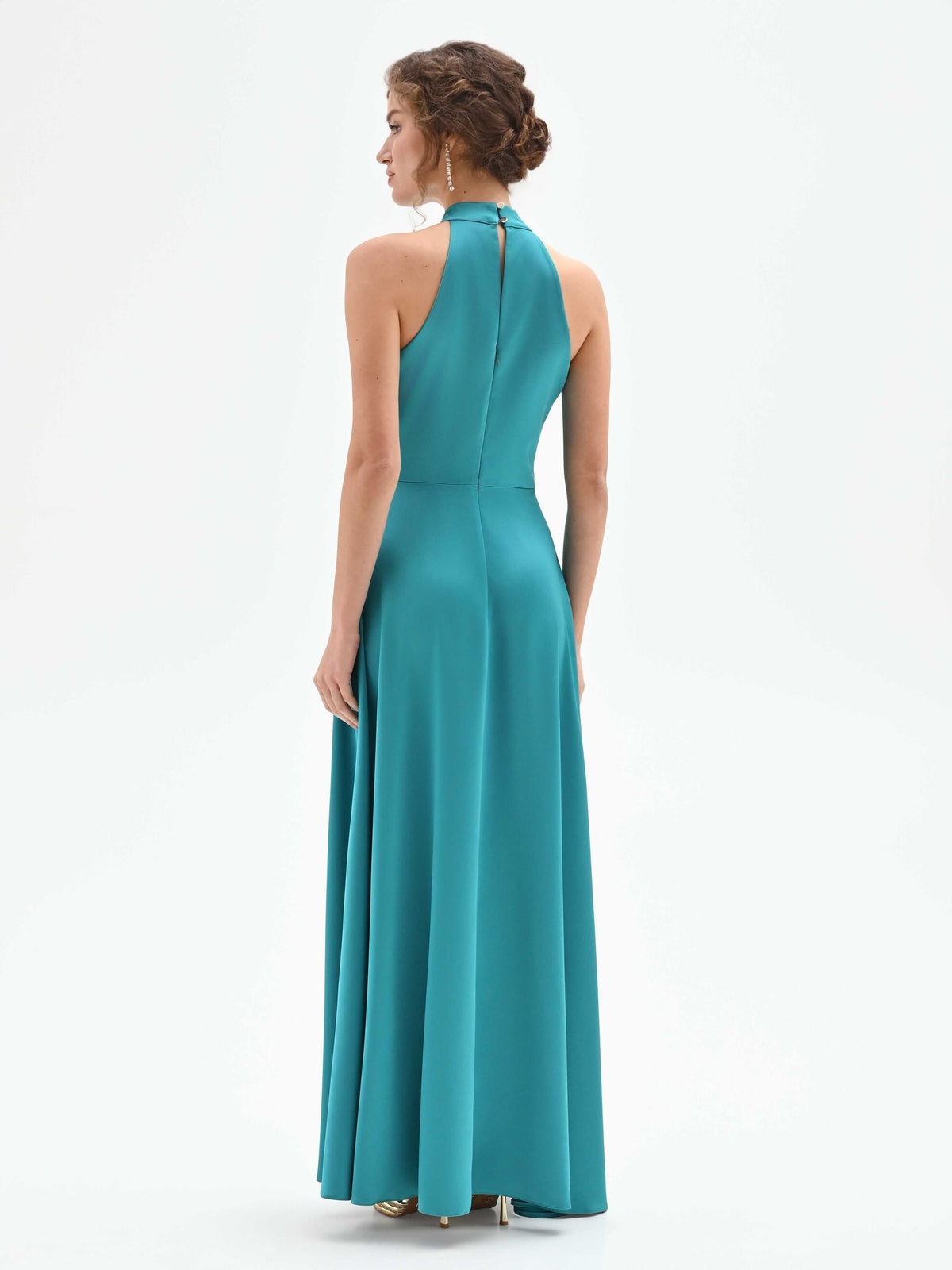 Abito lungo atelier verde smeraldo in raso con scollo all'americana