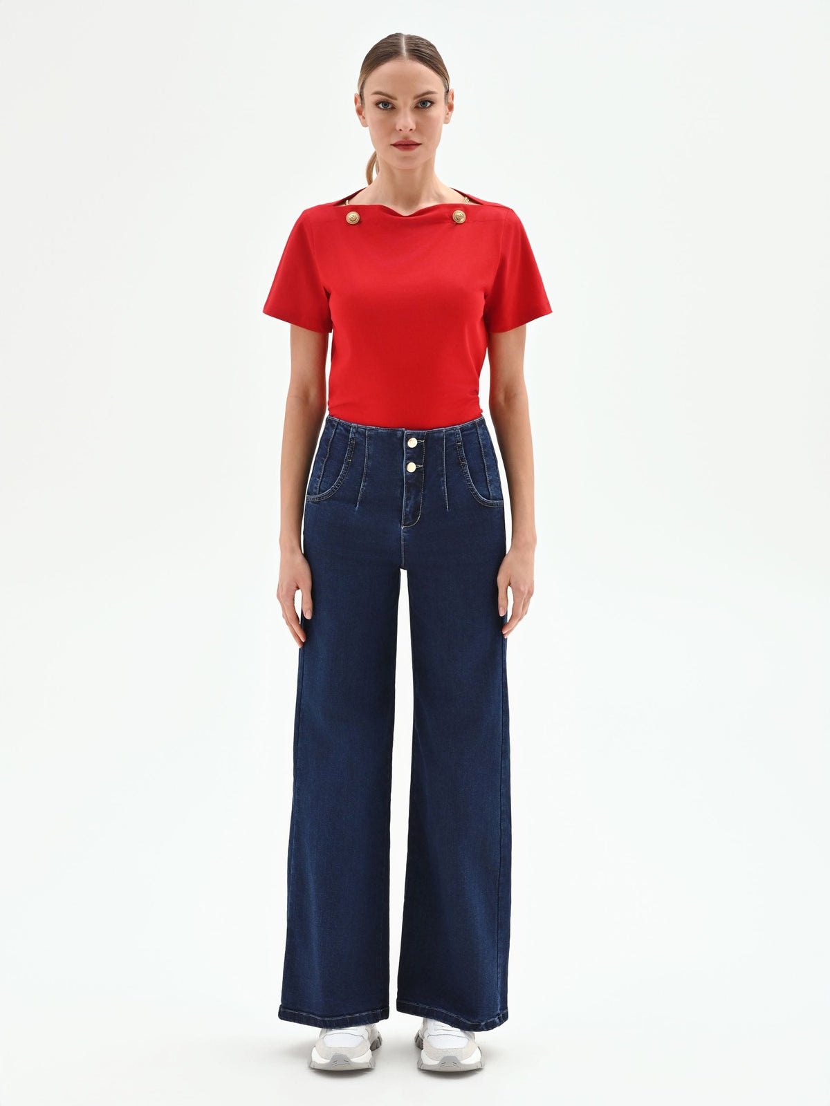 Jeans palazzo blu a vita alta